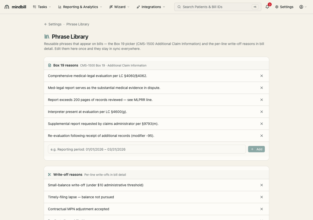 Step 3 — Configure the Phrase Library (Box 19 + write-offs)