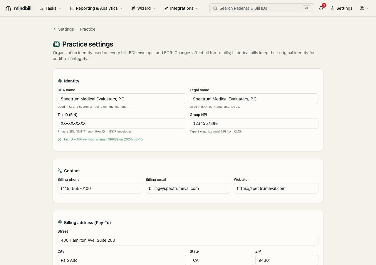 Step 2 — Set your billing identity (Practice settings)